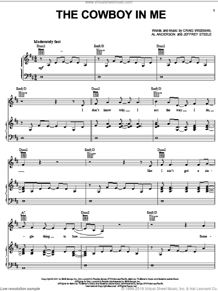 The Cowboy In Me sheet music for voice, piano or guitar by Tim McGraw, Al Anderson, Craig Wiseman and Jeffrey Steele, intermediate skill level