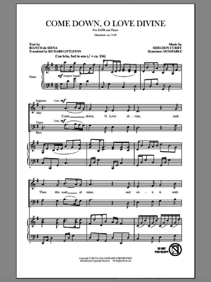 Come Down, O Love Divine sheet music for choir (SATB: soprano, alto, tenor, bass) by Sheldon Curry and Bianco de Siena, intermediate skill level