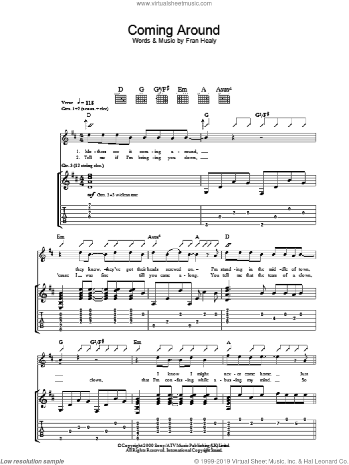 Coming Around sheet music for guitar (tablature) by Merle Travis and Fran Healy, intermediate skill level
