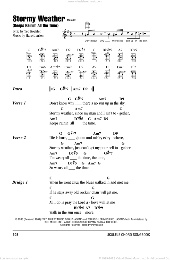 Stormy Weather (Keeps Rainin' All The Time) sheet music for ukulele (chords) by Harold Arlen and Ted Koehler, intermediate skill level