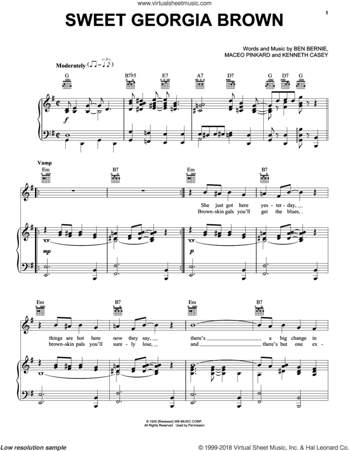 Sweet Georgia Brown sheet music for voice, piano or guitar by Count Basie, Ben Bernie, Kenneth Casey and Maceo Pinkard, intermediate skill level