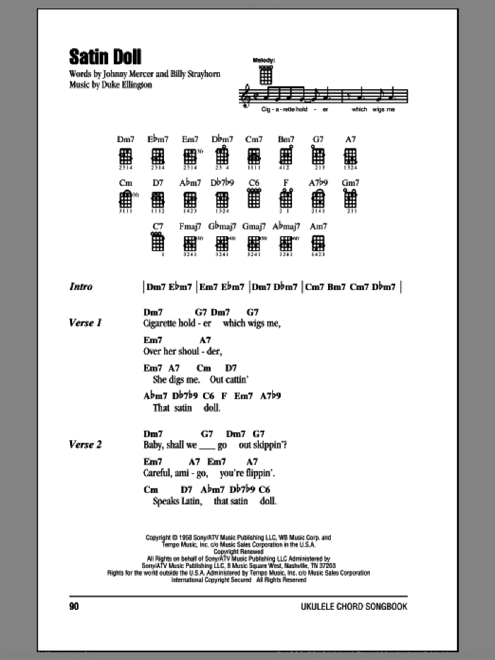 Satin Doll sheet music for ukulele (chords) by Duke Ellington, Billy Strayhorn and Johnny Mercer, intermediate skill level