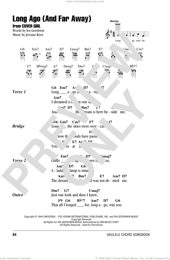 Long Ago (And Far Away) sheet music for ukulele (chords) by Ira Gershwin and Jerome Kern, intermediate skill level