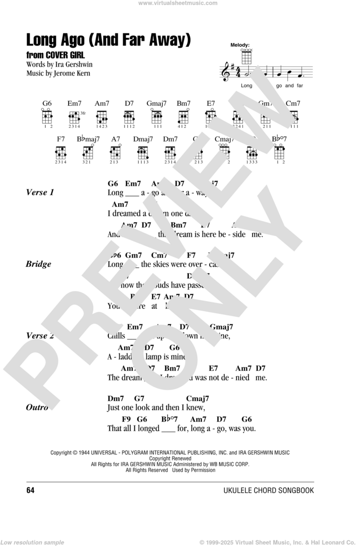 Long Ago (And Far Away) sheet music for ukulele (chords) by Ira Gershwin and Jerome Kern, intermediate skill level