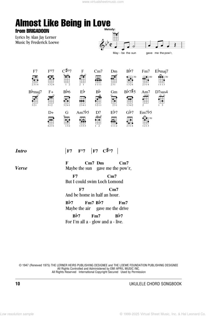 Almost Like Being In Love sheet music for ukulele (chords) by Frederick Loewe, Alan Jay Lerner, David Brooks and Marion Bell and Gene Kelly, intermediate skill level