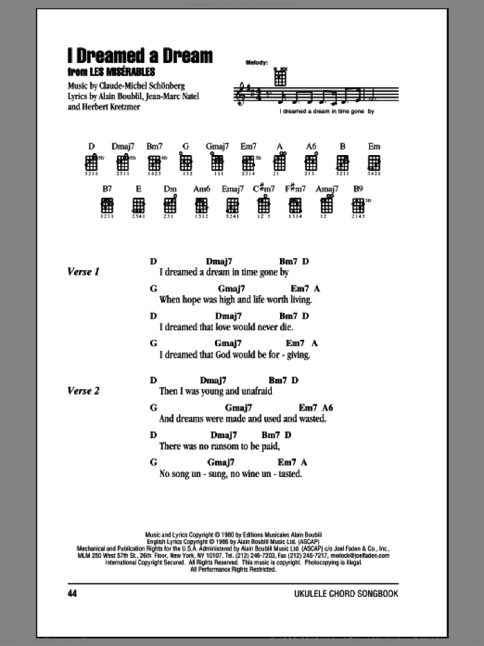 I Dreamed A Dream (from Les Miserables) sheet music for ukulele (chords) by Claude-Michel Schonberg, Alain Boublil, Boublil and Schonberg, Herbert Kretzmer, Jean-Marc Natel and Susan Boyle, intermediate skill level