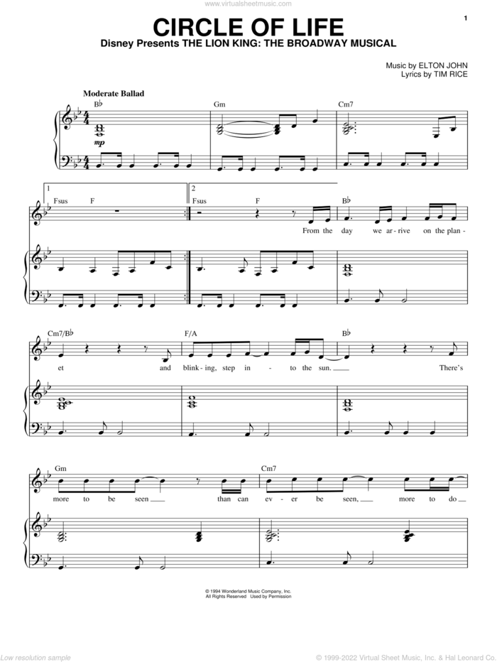 Circle Of Life (from The Lion King) sheet music for voice and piano by Elton John and Tim Rice, intermediate skill level