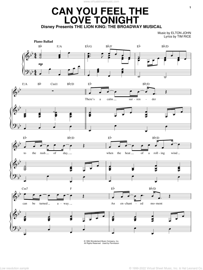 Can You Feel The Love Tonight (from The Lion King) sheet music for voice and piano by Elton John and Tim Rice, wedding score, intermediate skill level