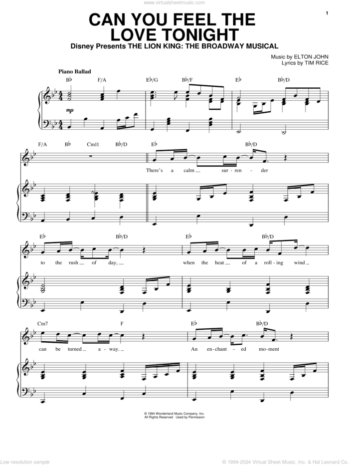 Can You Feel The Love Tonight (from The Lion King) sheet music for voice and piano by Elton John and Tim Rice, wedding score, intermediate skill level