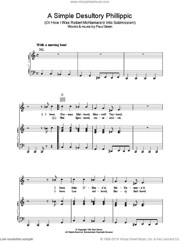 A Simple Desultory Philippic (Or How I Was Robert McNamara'd Into Submission) sheet music for voice, piano or guitar by Simon & Garfunkel and Paul Simon, intermediate skill level