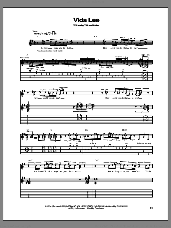 Vida Lee sheet music for guitar (tablature) by Aaron 'T-Bone' Walker, intermediate skill level