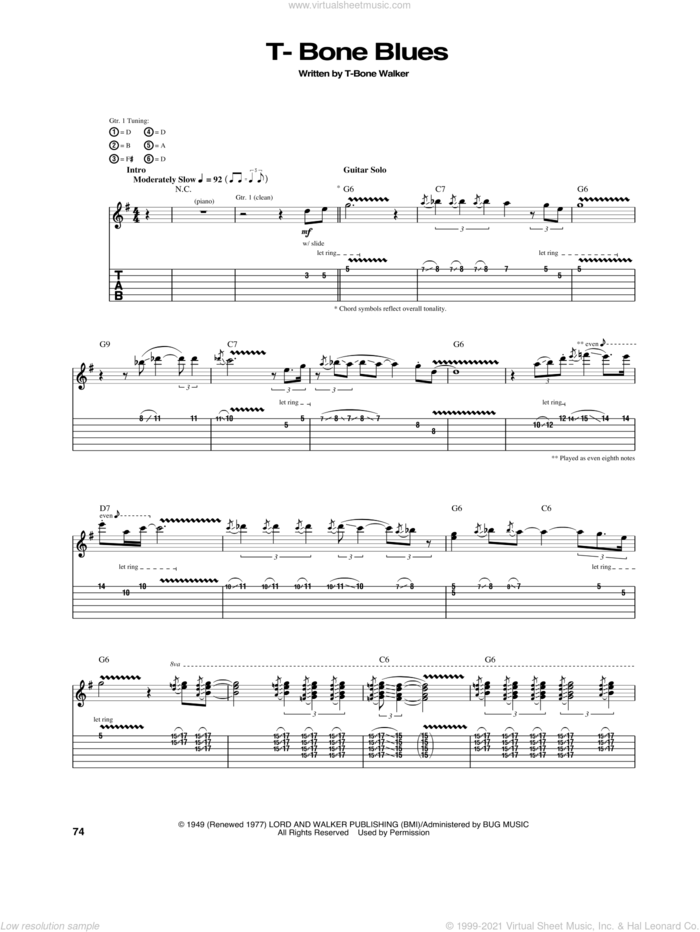 T-Bone Blues sheet music for guitar (tablature) by Aaron 'T-Bone' Walker, intermediate skill level
