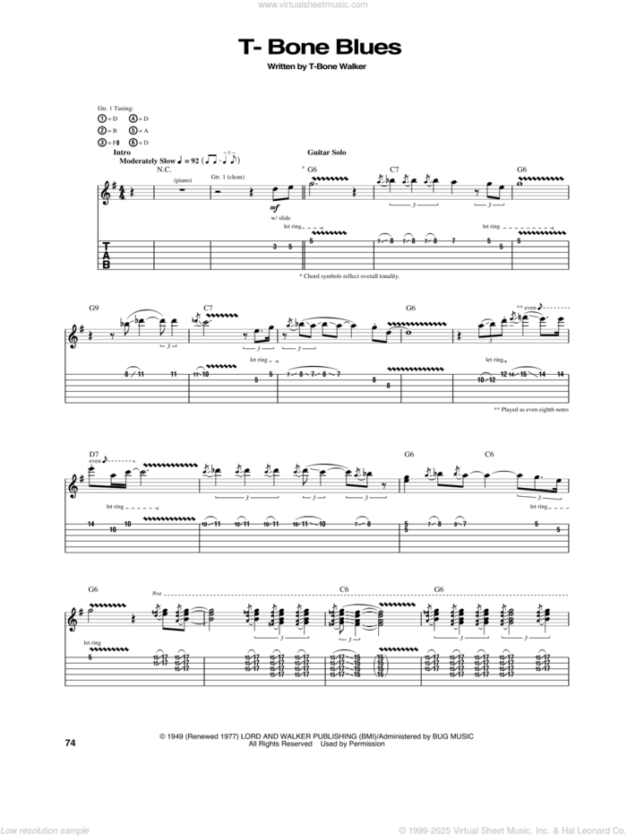 T-Bone Blues sheet music for guitar (tablature) by Aaron 'T-Bone' Walker, intermediate skill level