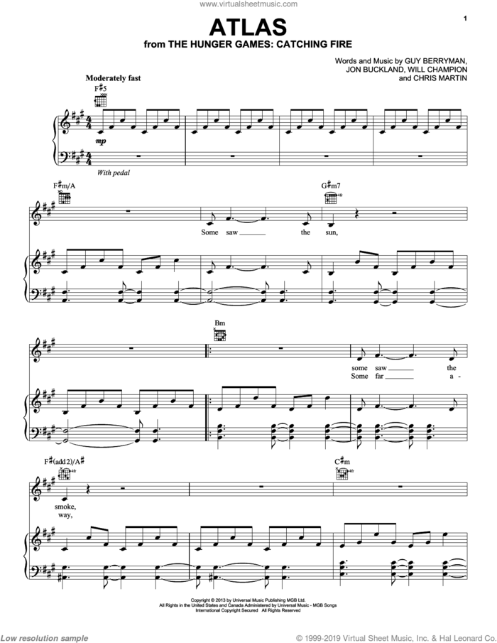 Atlas sheet music for voice, piano or guitar by Coldplay, intermediate skill level