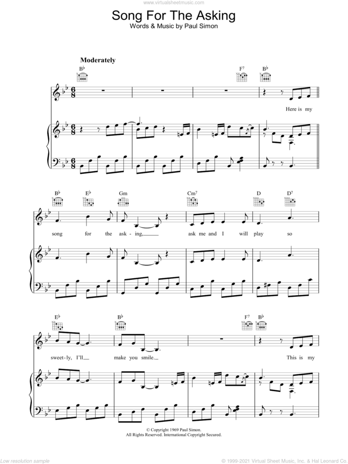 Song For The Asking sheet music for voice, piano or guitar by Simon & Garfunkel and Paul Simon, intermediate skill level