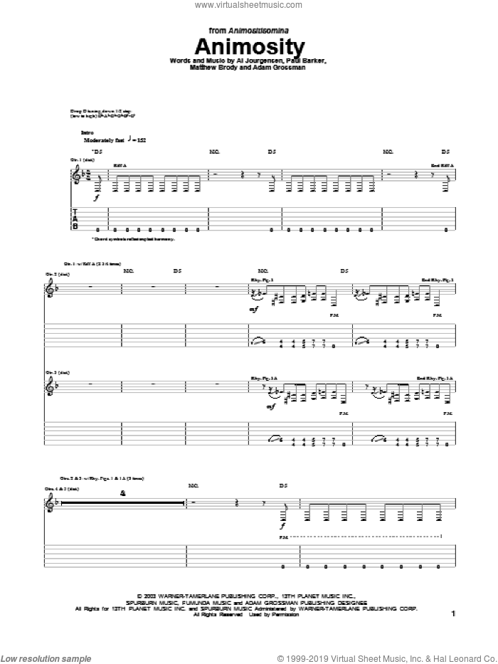 Animosity sheet music for guitar (tablature) by Ministry, intermediate skill level