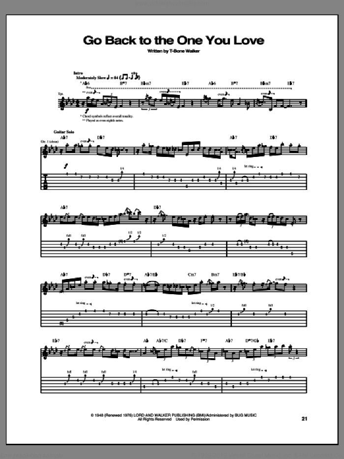 Go Back To The One You Love sheet music for guitar (tablature) by Aaron 'T-Bone' Walker, intermediate skill level