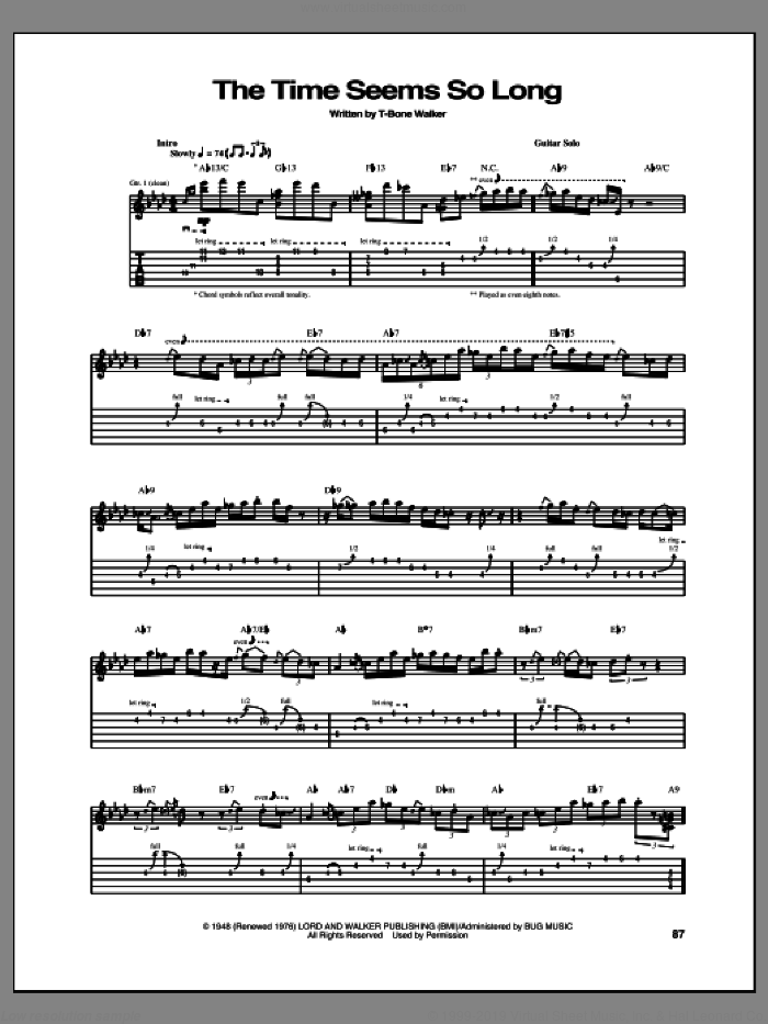 The Time Seems So Long sheet music for guitar (tablature) by Aaron 'T-Bone' Walker, intermediate skill level