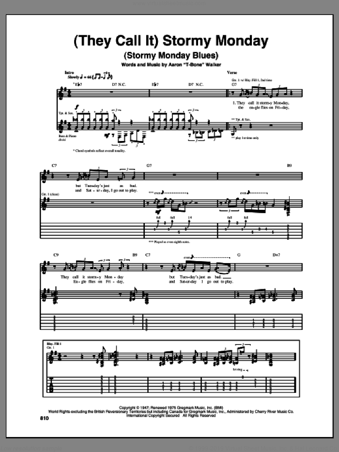 (They Call It) Stormy Monday (Stormy Monday Blues) sheet music for guitar (tablature) by Aaron 'T-Bone' Walker, intermediate skill level