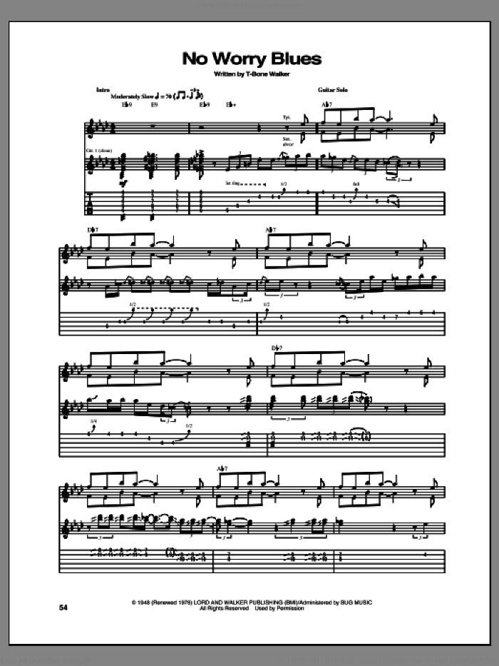 No Worry Blues sheet music for guitar (tablature) by Aaron 'T-Bone' Walker, intermediate skill level