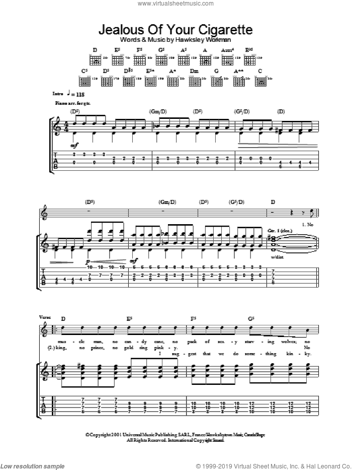 Jealous Of Your Cigarette sheet music for guitar (tablature) by Hawksley Workman, intermediate skill level