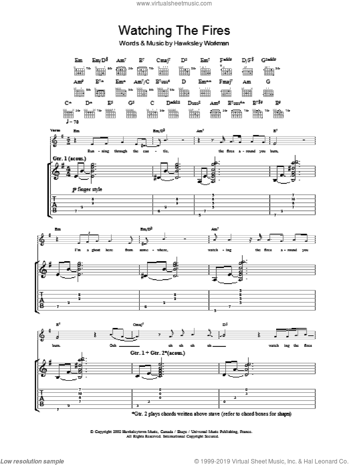 Watching The Fires sheet music for guitar (tablature) by Hawksley Workman, intermediate skill level