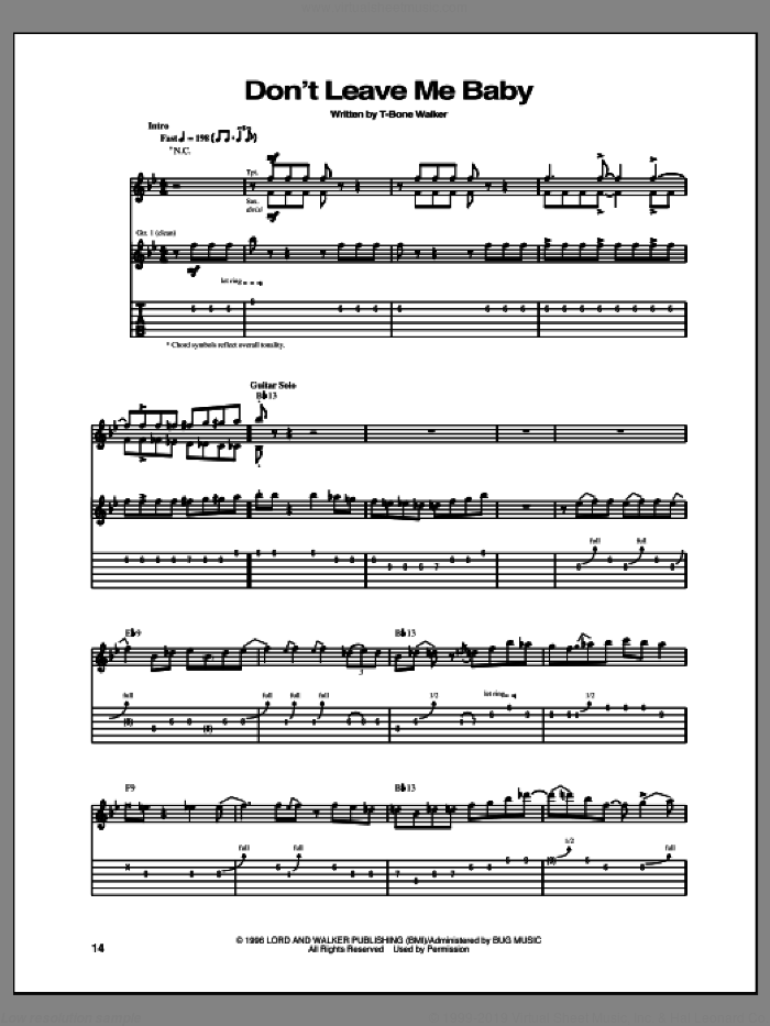 Don't Leave Me Baby sheet music for guitar (tablature) by Aaron 'T-Bone' Walker, intermediate skill level
