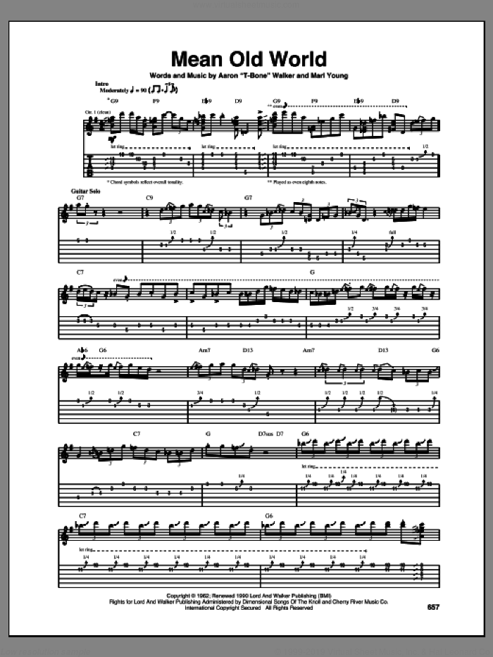 Mean Old World sheet music for guitar (tablature) by Aaron 'T-Bone' Walker, intermediate skill level