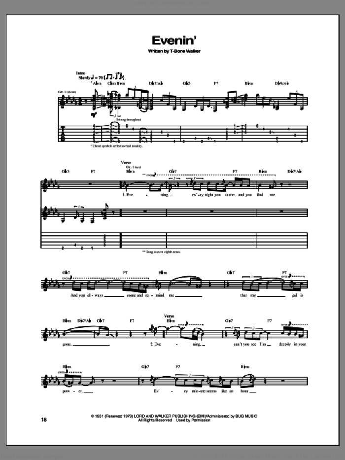 Evenin' sheet music for guitar (tablature) by Aaron 'T-Bone' Walker, intermediate skill level