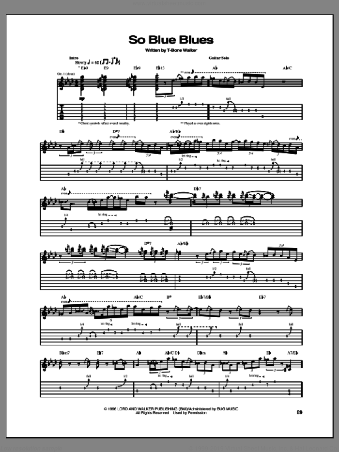 So Blue Blues sheet music for guitar (tablature) by Aaron 'T-Bone' Walker, intermediate skill level