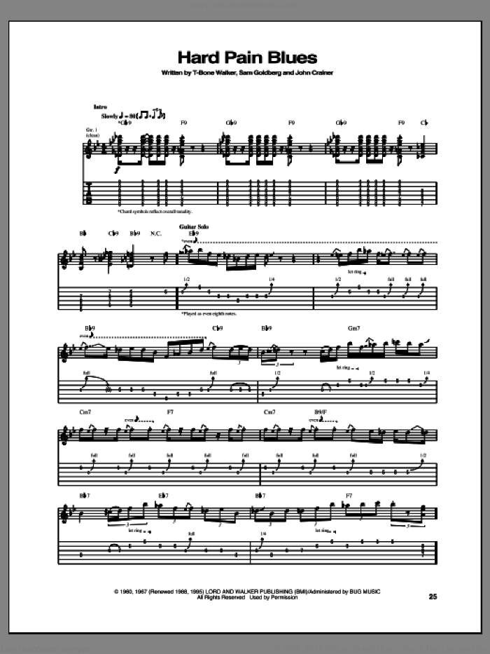 Hard Pain Blues sheet music for guitar (tablature) by Aaron 'T-Bone' Walker, intermediate skill level