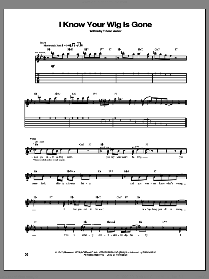 I Know Your Wig Is Gone sheet music for guitar (tablature) by Aaron 'T-Bone' Walker, intermediate skill level