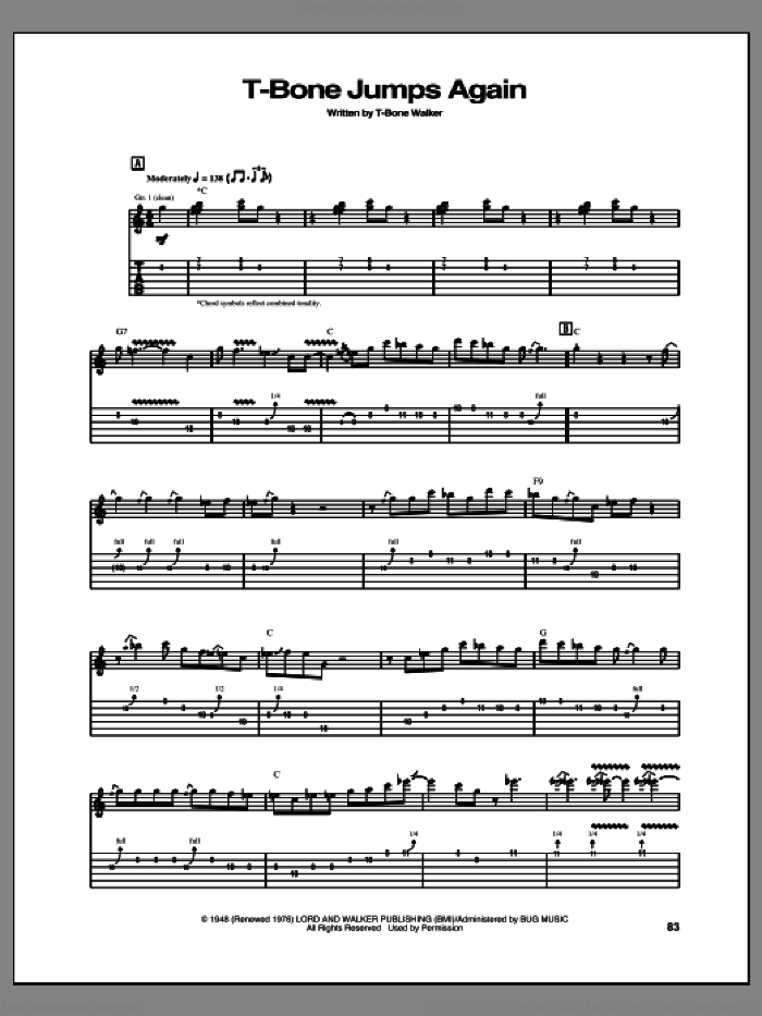T-Bone Jumps Again sheet music for guitar (tablature) by Aaron 'T-Bone' Walker, intermediate skill level
