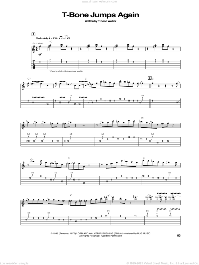 T-Bone Jumps Again sheet music for guitar (tablature) by Aaron 'T-Bone' Walker, intermediate skill level