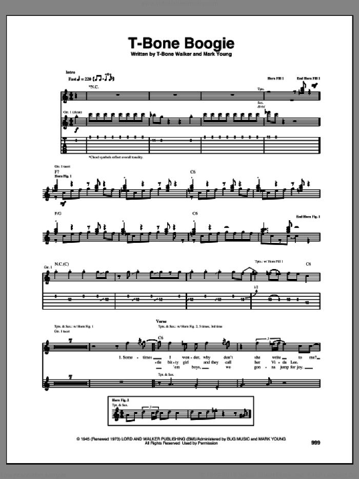 T-Bone Boogie sheet music for guitar (tablature) by Aaron 'T-Bone' Walker, intermediate skill level
