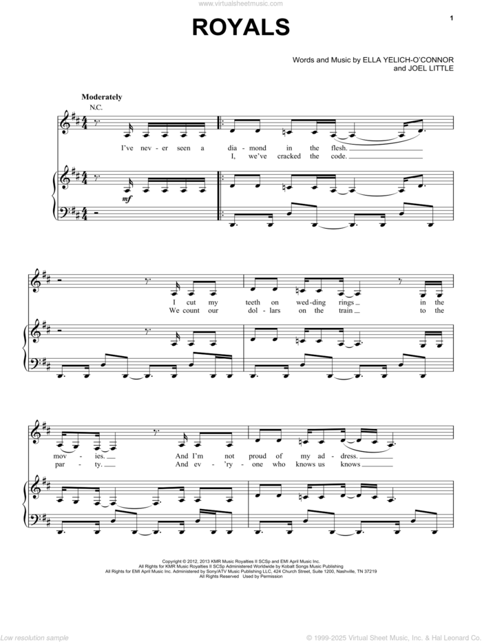 Royals sheet music for voice, piano or guitar by Lorde and Joel Little, intermediate skill level