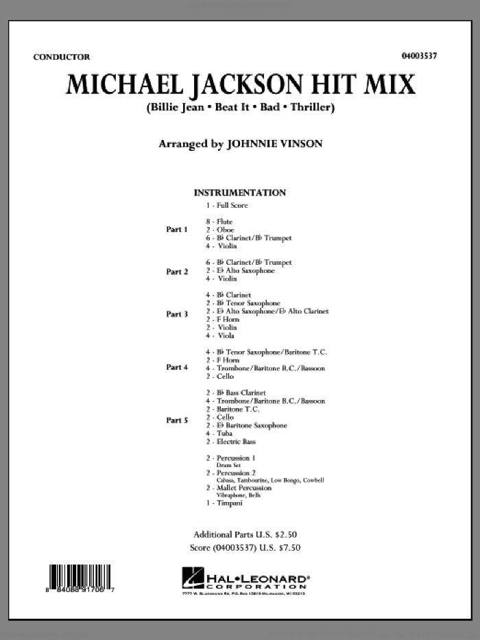 Michael Jackson Hit Mix (COMPLETE) sheet music for concert band by Michael Jackson and Johnnie Vinson, intermediate skill level