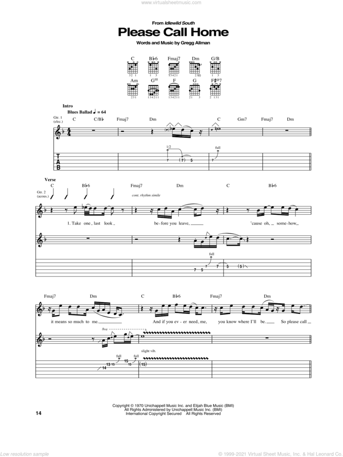 Please Call Home sheet music for guitar (tablature) by Allman Brothers Band and Gregg Allman, intermediate skill level