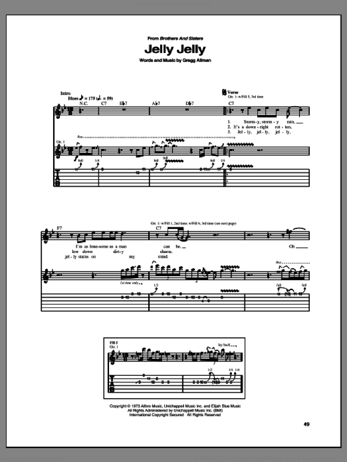 Jelly Jelly sheet music for guitar (tablature) by Allman Brothers Band and Gregg Allman, intermediate skill level