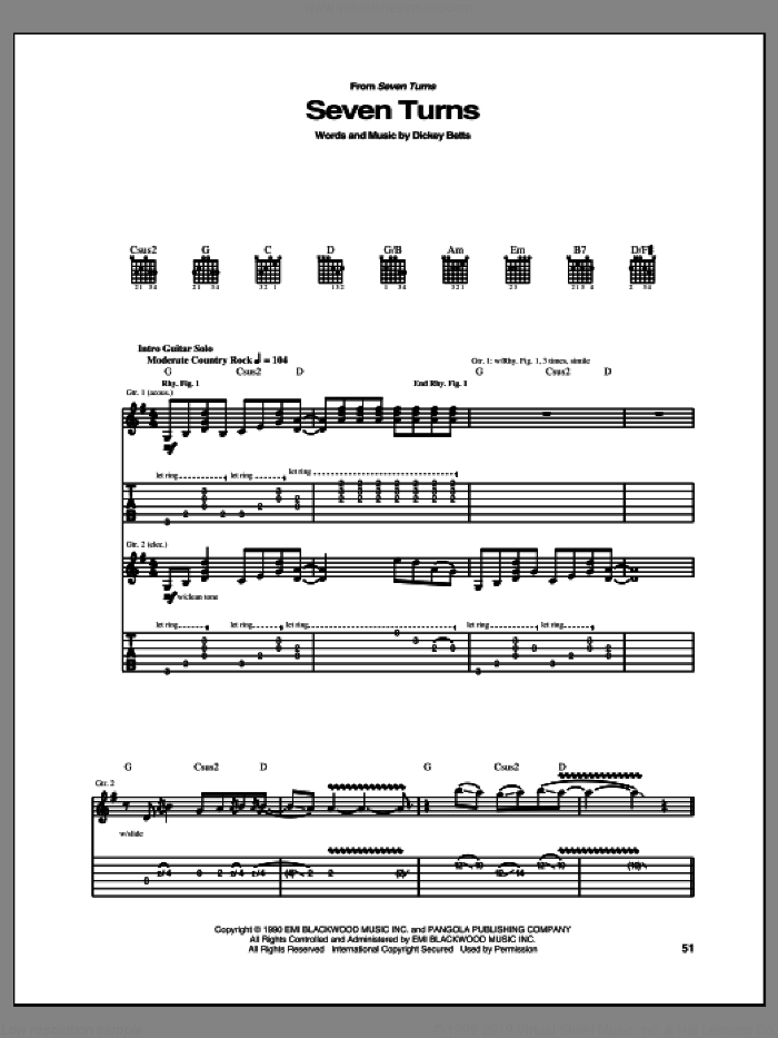 Seven Turns sheet music for guitar (tablature) by Allman Brothers Band, Dickey Betts and The Allman Brothers Band, intermediate skill level