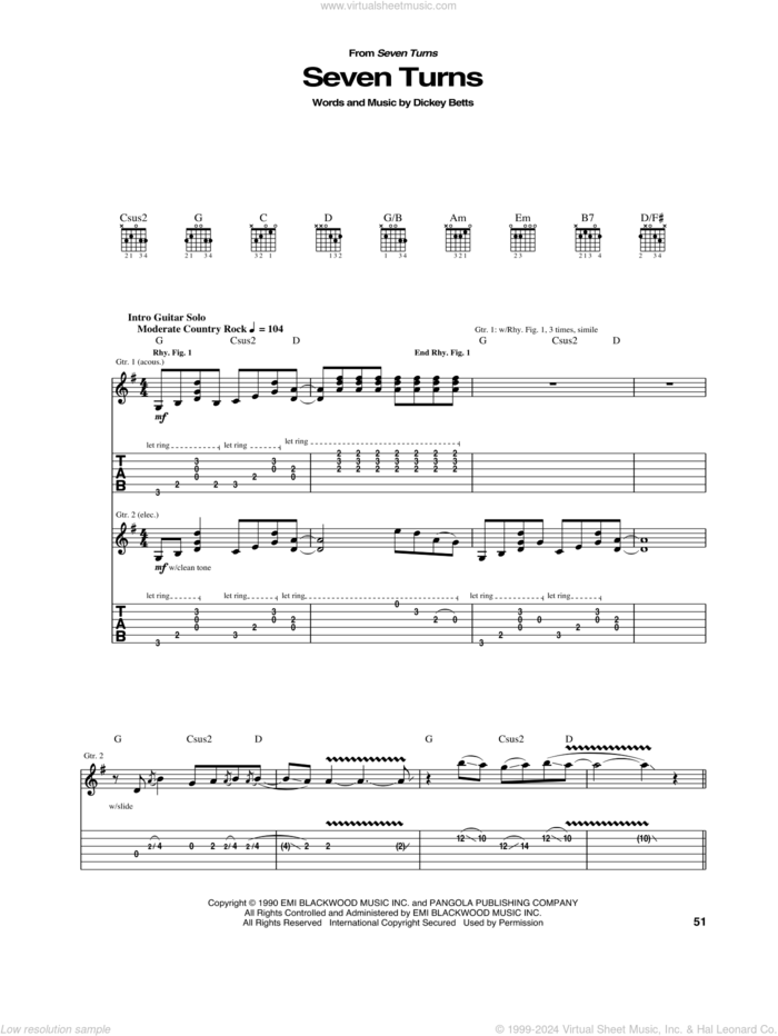 Seven Turns sheet music for guitar (tablature) by Allman Brothers Band, Dickey Betts and The Allman Brothers Band, intermediate skill level