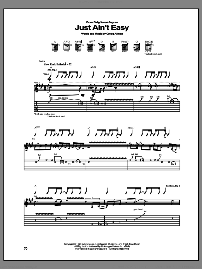 Just Ain't Easy sheet music for guitar (tablature) by Gregg Allman, intermediate skill level