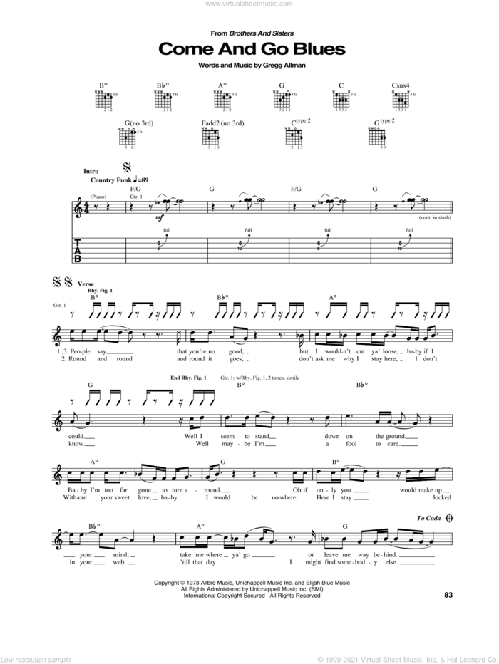Come And Go Blues sheet music for guitar (tablature) by Allman Brothers Band, Allman Brothers and Gregg Allman, intermediate skill level