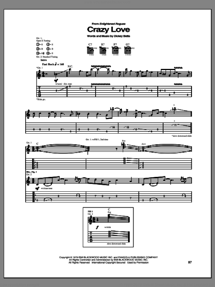 Crazy Love sheet music for guitar (tablature) by Allman Brothers Band, Allman Brothers and The Allman Brothers Band, intermediate skill level