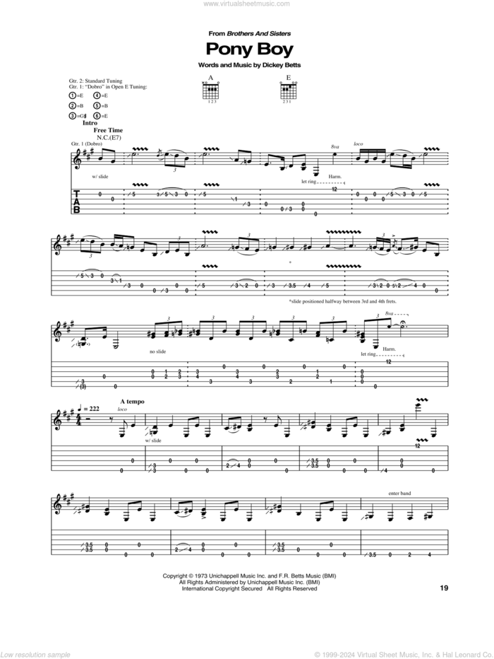 Pony Boy sheet music for guitar (tablature) by Allman Brothers Band, Dickey Betts and The Allman Brothers Band, intermediate skill level