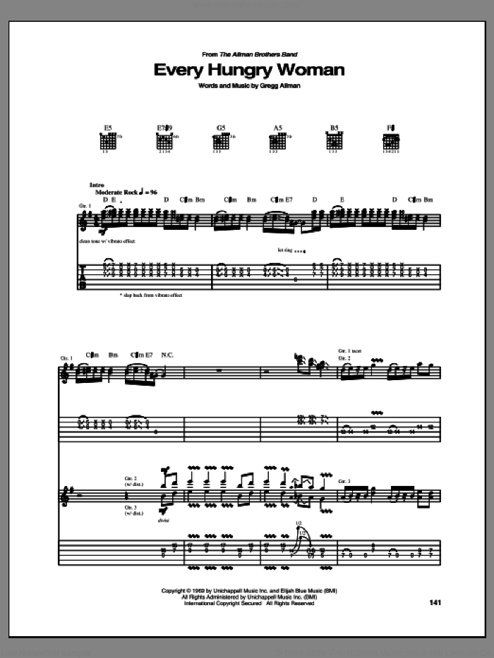 Every Hungry Woman sheet music for guitar (tablature) by Allman Brothers Band, Allman Brothers and Gregg Allman, intermediate skill level