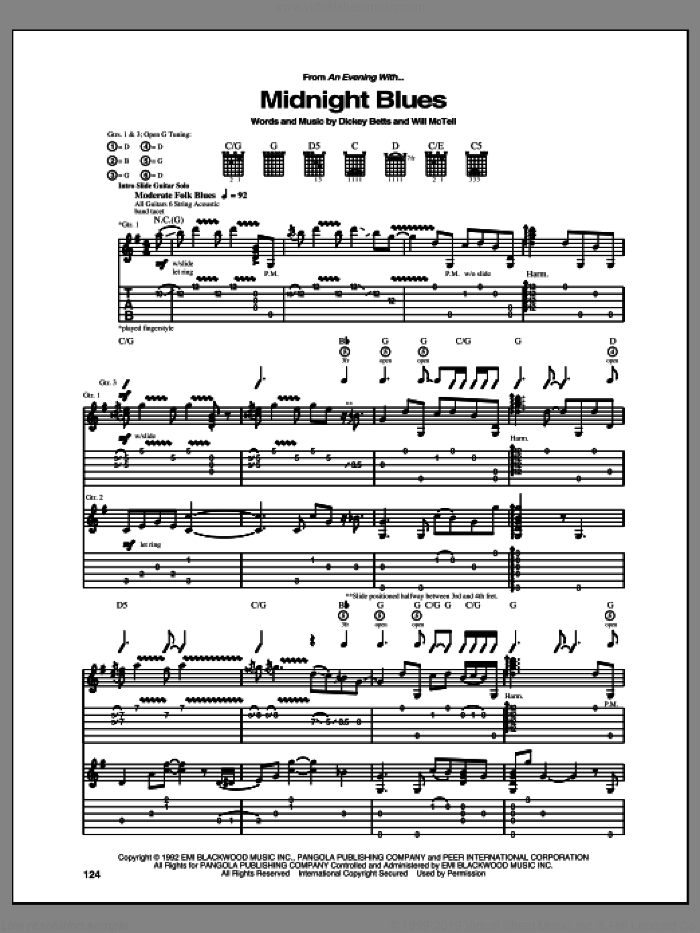 Midnight Blues sheet music for guitar (tablature) by The Allman Brothers Band and Allman Brothers Band, intermediate skill level