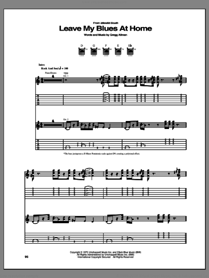 Leave My Blues At Home sheet music for guitar (tablature) by Allman Brothers Band and Gregg Allman, intermediate skill level