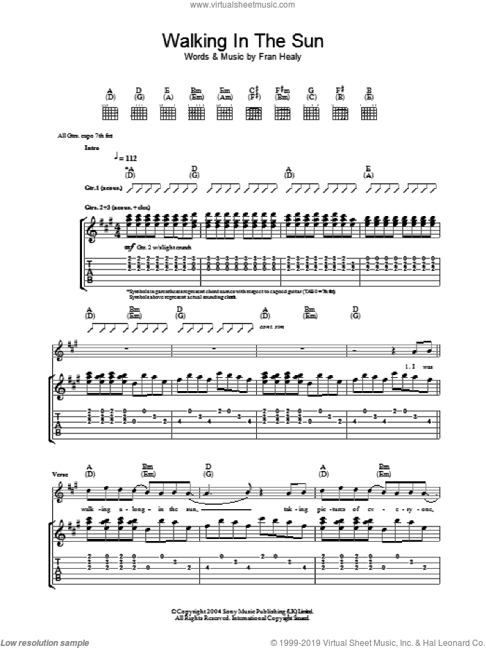 Walking In The Sun sheet music for guitar (tablature) by Merle Travis and Fran Healy, intermediate skill level