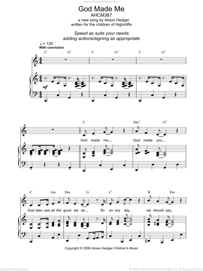 God Made Me sheet music for voice, piano or guitar by Alison Hedger, intermediate skill level